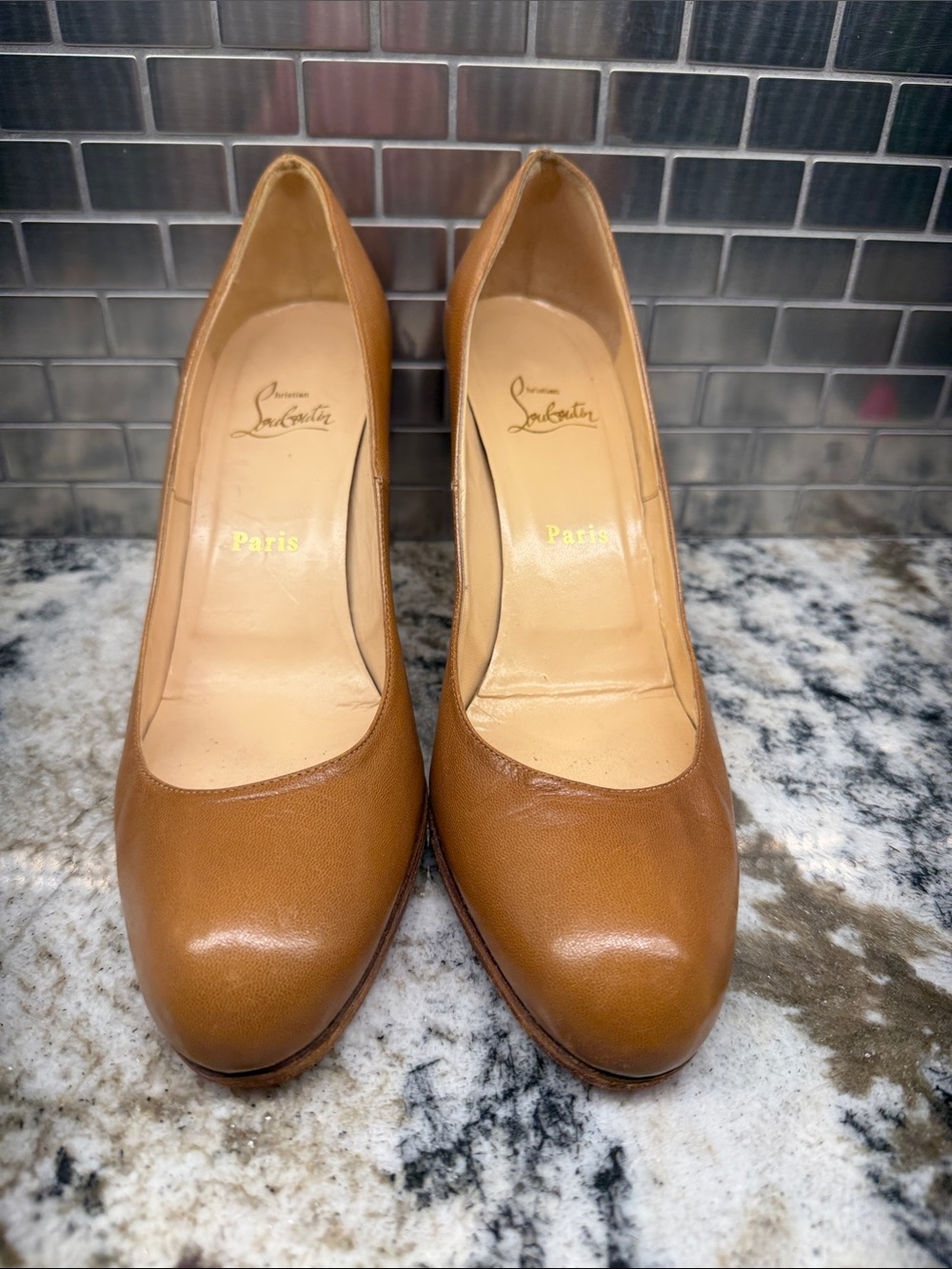 Christian Louboutin Cognac Leather Round-Toe Pumps